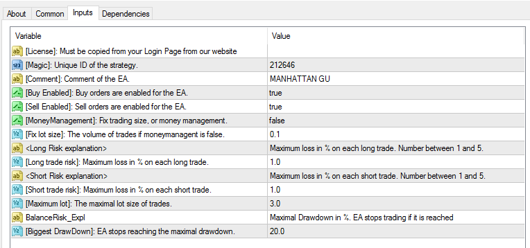 ManhattanFX Parameters ScreenShot