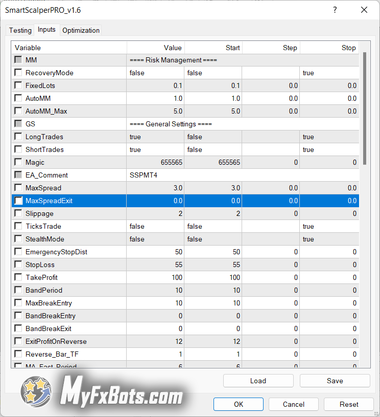 Smart Scalper PRO v1.6 Parameters