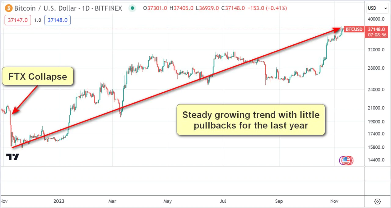 Steadily growing trend with little pullbacks for the last year